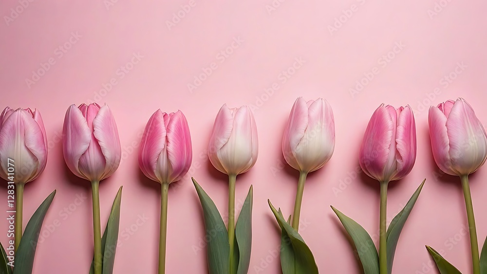 Pink Tulips Row, Spring Flowers, Floral Background Pink Tulips Row, Spring Flowers, Floral Background