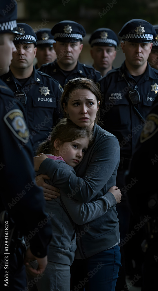 Mother comforts her daughter while surrounded by police officers, conveying a sense of fear, uncertainty, and the need for protection. Mother comforts her daughter while surrounded by police officers, conveying a sense of fear, uncertainty, and the need for protection.