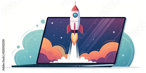 Laptop Rocket Launch Flat Illustration, Startup Concept, Digital Marketing Startup, Business