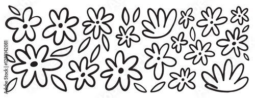 Chamomile doodle hand drawn line set. Ink drawing flowers freehand cute outline black clipart. 