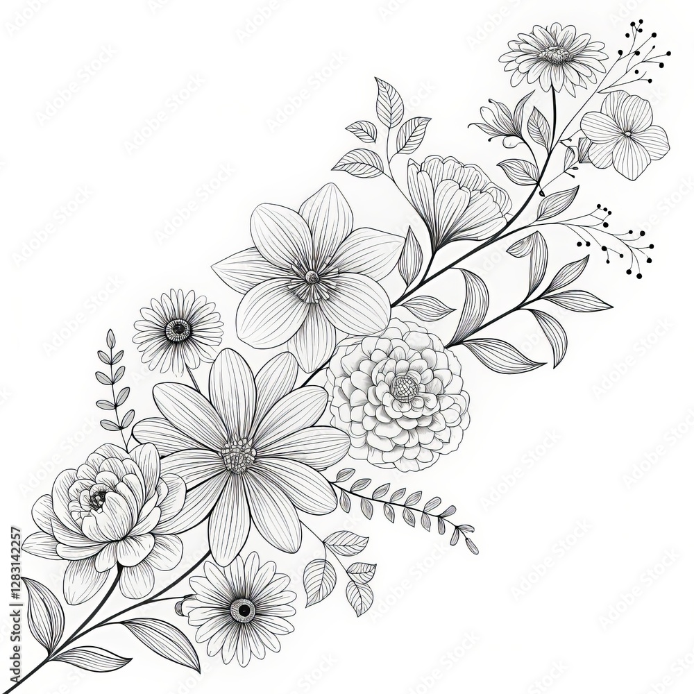 Fototapeta premium Linear Flower Bouquet Composition Black and White Floral Illustration, Botanical Line Art, Flower Design Botanical illustration, Line art