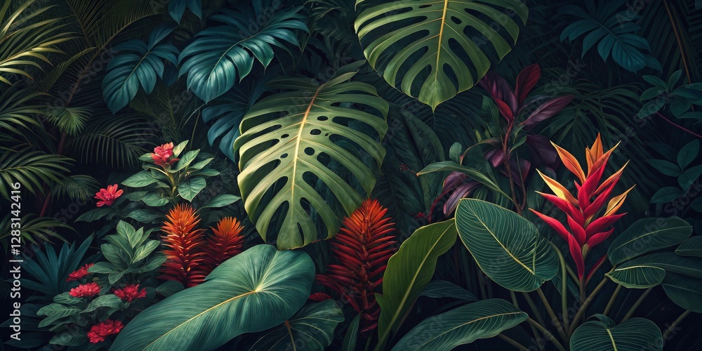 Fototapeta premium Lush Tropical Jungle Digital Painting of Vibrant Flowers and Monstera Leaves, Botanical Art, Nature Tropical Plants, Jungle Scene
