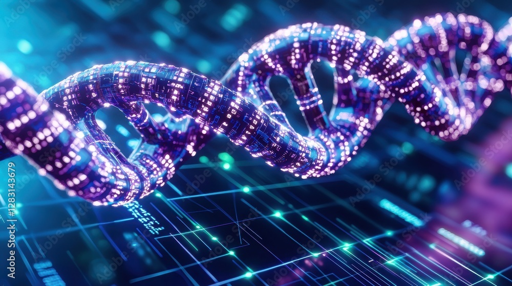 Futuristic Digital DNA Strand Overlaid on Data Grid with Vibrant Colors and Glowing Effects in High-Resolution Format Futuristic Digital DNA Strand Overlaid on Data Grid with Vibrant Colors and Glowing Effects in High-Resolution Format