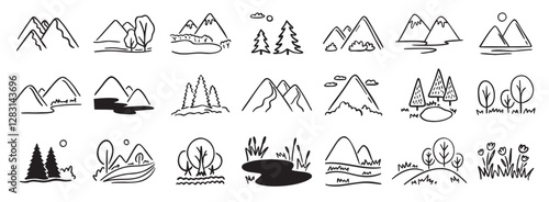 Mountains landscapes nature with pine forest, river, mount and hills doodle hand drawn icon set. Outline drawing rocky horizon environment line clipart symbol collection. 