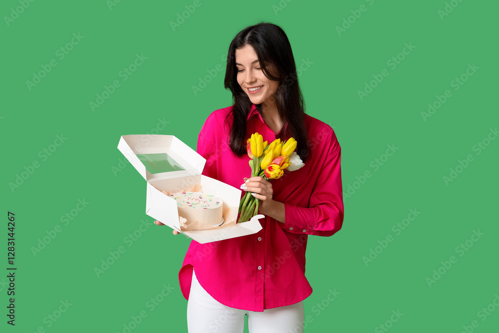 Beautiful young woman holding box with sweet bento cake and bouquet of tulips on green background. International Women's Day Beautiful young woman holding box with sweet bento cake and bouquet of tulips on green background. International Women's Day