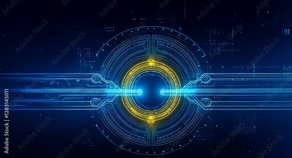 Abstract design featuring glowing blue and yellow circular elements connected by lines, set against a dark blue backdrop, evoking a futuristic technology theme. Abstract design featuring glowing blue and yellow circular elements connected by lines, set against a dark blue backdrop, evoking a futuristic technology theme.