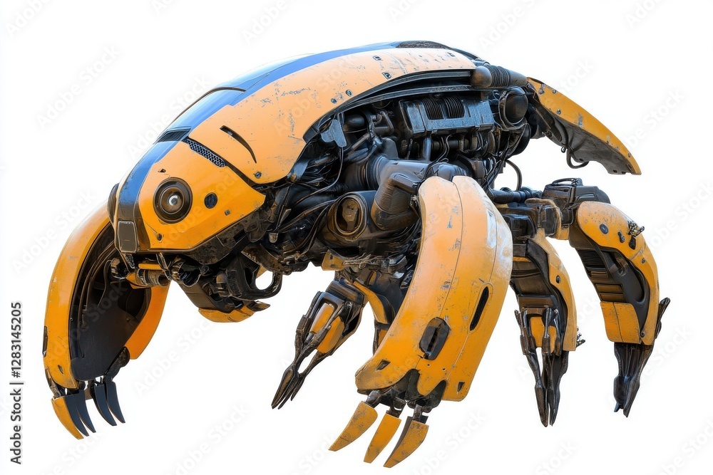 A detailed 3D render of a futuristic, insect-like robot or drone with orange panels, exposed mechanical components, on a white background. A detailed 3D render of a futuristic, insect-like robot or drone with orange panels, exposed mechanical components, on a white background.