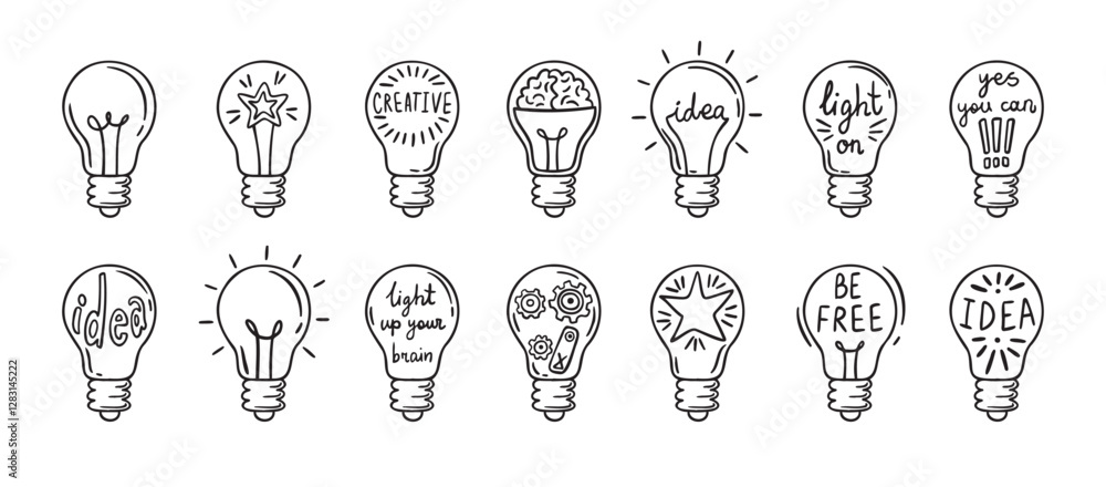 Fototapeta premium Doodle light bulb idea icon hand drawn set. light bulbs idea concept drawing