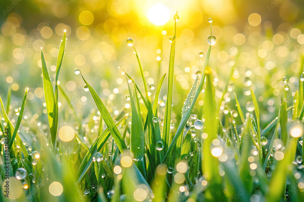 Fototapeta premium Fresh morning dew glistens on spring grass, closeup view of a peaceful natural background.