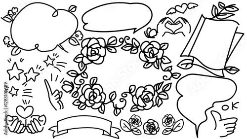 シンプルな手描き風のベクターアイコンと吹き出しセット