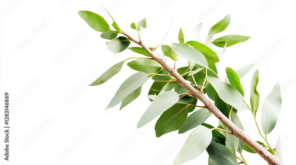 Obraz premium Bright Green Eucalyptus Tree Branch with Smooth Bark Isolated on White Background