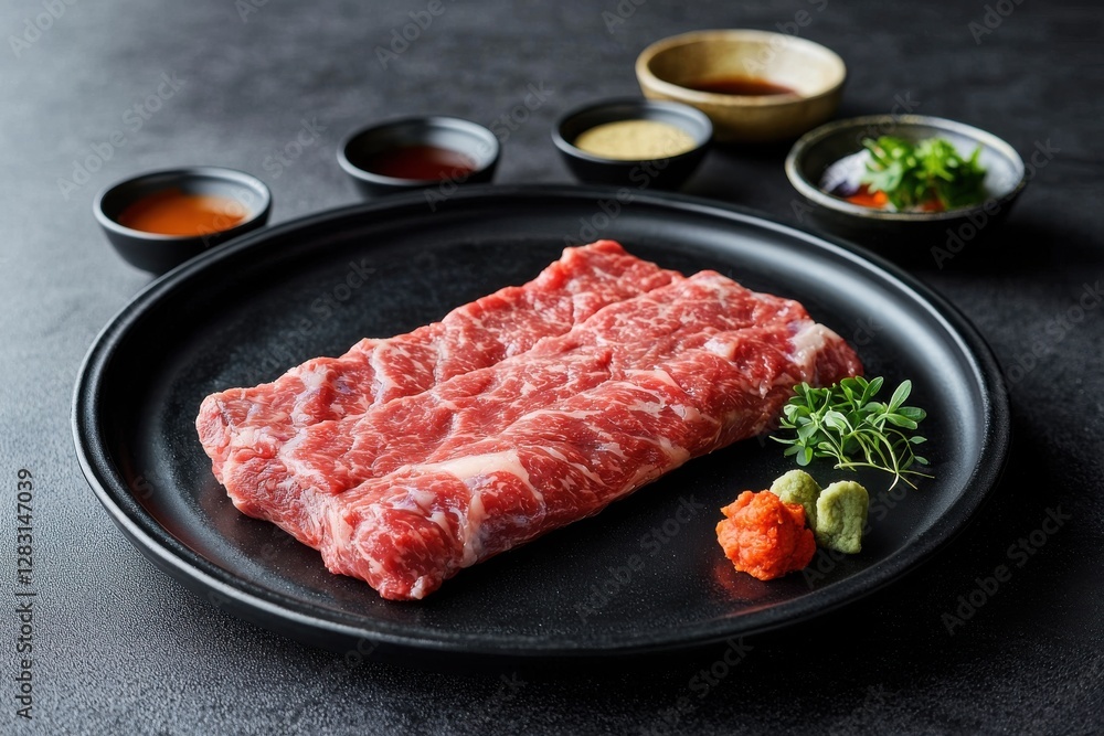 Fototapeta premium A raw wagyu rib finger meat on a black plate surrounded by dipping sauces, wasabi and greens, prepared for a Korean barbecue experience with premium quality and presentation.