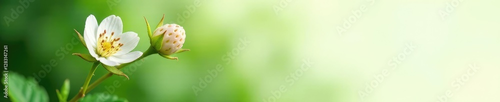Obraz premium Delicate white petals with tiny strawberry-like protrusions on a stem, greenery, isolated