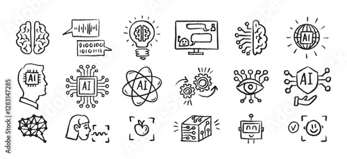 Artificial Intelligence Icons grunge chalk hand drawn doodle Brush set. Outline AI drawing crayon 