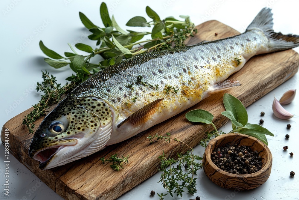 Freshly caught trout displayed on a wooden board with aromatic herbs and spices, showcasing the natural beauty and culinary potential of this delicious fish. Freshly caught trout displayed on a wooden board with aromatic herbs and spices, showcasing the natural beauty and culinary potential of this delicious fish.