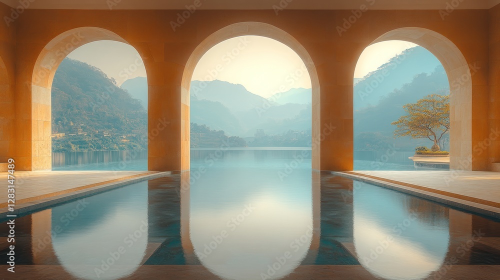 Fototapeta premium Serene Infinity Pool with Mountain Lake View