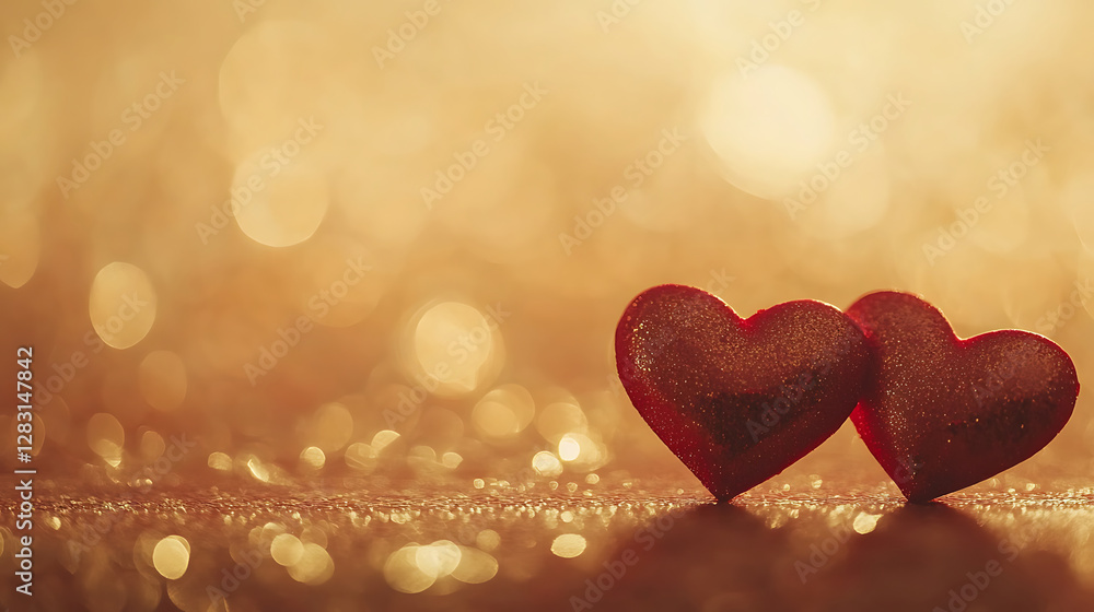 Two Glittering Red Hearts on Golden Background Two Glittering Red Hearts on Golden Background