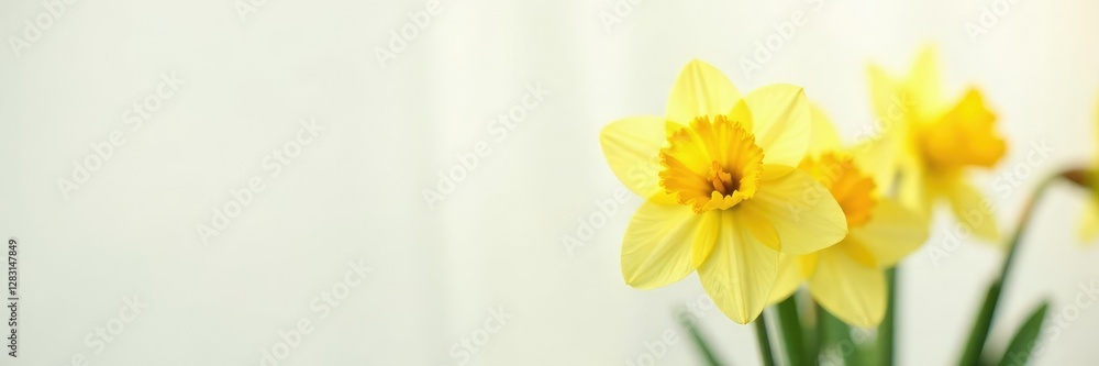 Delicate yellow narcissus flowers in soft focus on white background, spring, white, narcissus Delicate yellow narcissus flowers in soft focus on white background, spring, white, narcissus