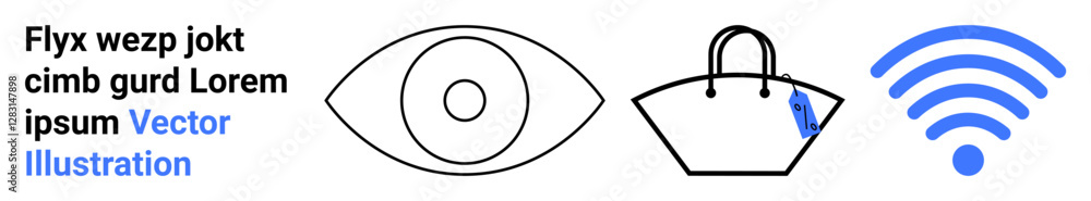 Black eye shape, modern handbag, and blue wireless icon hint at vision, consumerism, connectivity. Ideal for tech, communication, shopping, security user trends branding flat landing page banner Black eye shape, modern handbag, and blue wireless icon hint at vision, consumerism, connectivity. Ideal for tech, communication, shopping, security user trends branding flat landing page banner