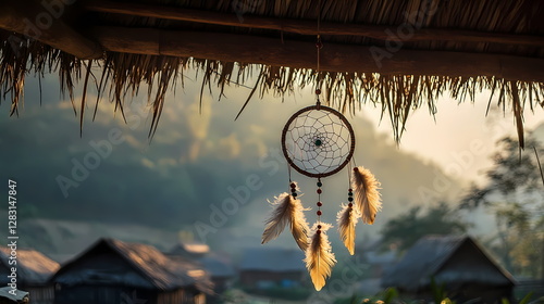 Dream catcher hanging from a straw roof at sunrise in a tribal village photo