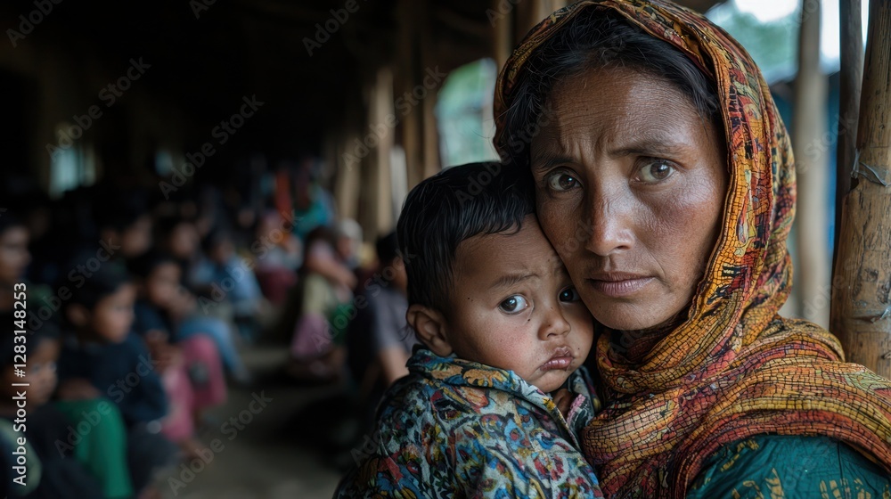 A mother in a remote village cradles her sick child while waiting outside a makeshift clinic, a long line of patients visible behind her. A mother in a remote village cradles her sick child while waiting outside a makeshift clinic, a long line of patients visible behind her.