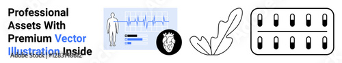 Medical monitoring screen, human figure, heart icon, nature leaf, and capsule blister pack. Ideal for healthcare, technology, wellness, cardiology pharmaceuticals sustainable products flat landing