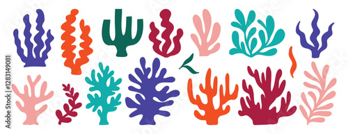 coral seaweed shape aesthetic element set. abstract cartoon underwater plant collection