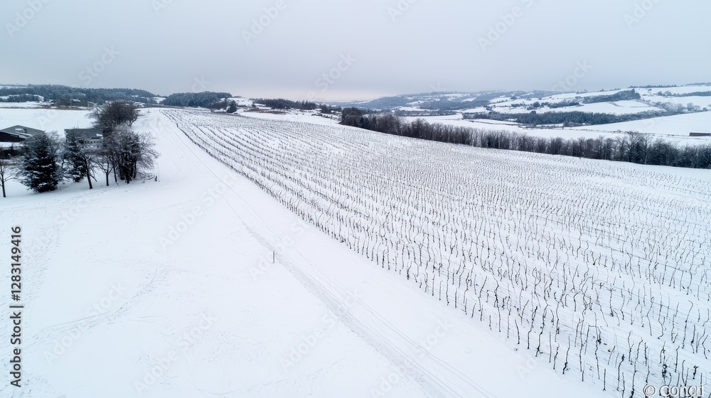 Obraz premium Aerial view of snowy orchard, winter landscape. Possible use Stock photo for winter themes, nature, or agriculture