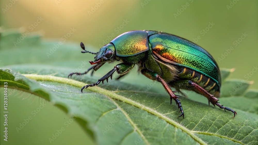 Naklejka premium Emerald Beetle on Leaf: A macro shot of an iridescent emerald beetle, showcasing its stunning metallic sheen, perched gracefully on a vibrant green leaf, against a soft, blurred backdrop