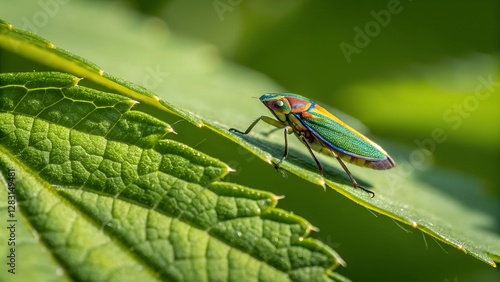 Emerald Jewel of Nature: A stunning close-up captures a vibrant leafhopper perched on a textured green leaf, its iridescent body shimmering in the sun, showcasing the intricate beauty of insects. photo