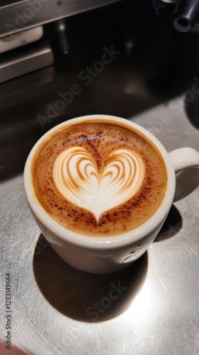 A beautifully crafted latte with a heart design on top. This cup of coffee highlights the art of barista skills. Perfect for coffee lovers. Generative AI