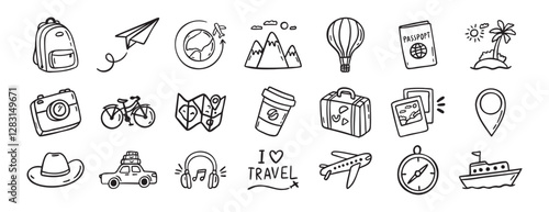 travel doodle hand drawn icon set. Outline drawing travel tourism line clipart symbols