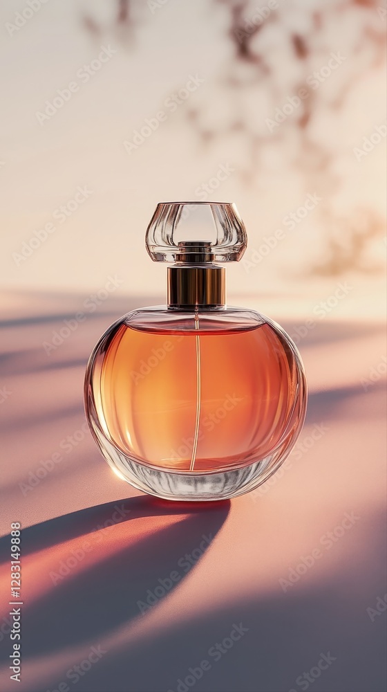 Exquisite bottle of perfume artfully displayed on a table with soft lighting enhancing its elegant features Exquisite bottle of perfume artfully displayed on a table with soft lighting enhancing its elegant features