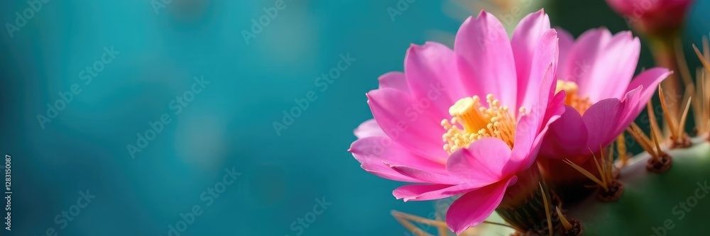Macro shot of Opuntia humifusa flowers on a blue flower background, macro photography, bloom Macro shot of Opuntia humifusa flowers on a blue flower background, macro photography, bloom