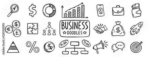 business doodle hand drawn icon set. Outline drawing business line clipart symbol collection
