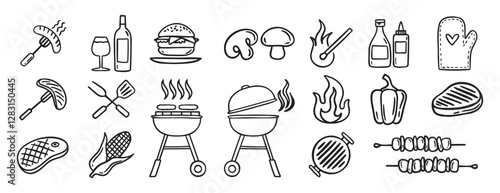 Barbecue grill party doodle hand drawn icon set. Outline drawing BBQ tools charcoal firewood and products line clipart symbol collection 