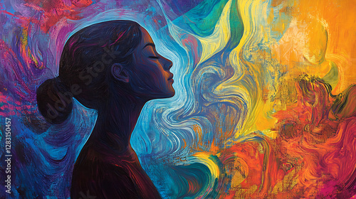 Serene Woman Within Vibrant Abstract Background