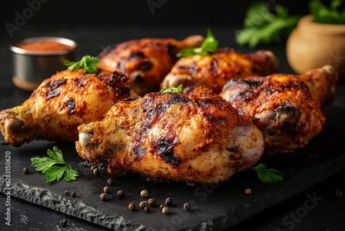 Golden grilled chicken with crispy crust and spices in motion photo