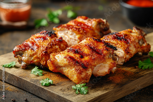 Golden grilled chicken with crispy crust and spices in motion photo