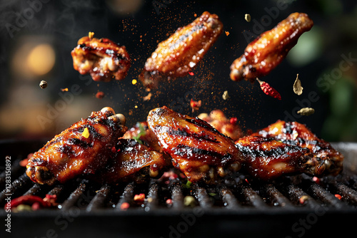 Grilled wings in flight with drops of marinade and flying spices photo