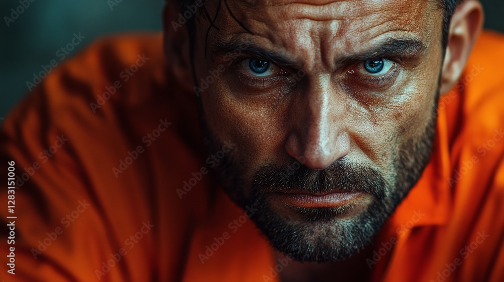 a convicted inmate in prison wearing an orange uniform looking stern and serious with a brooding and angry expression reflecting the harsh reality of justice punishment and incarceration a convicted inmate in prison wearing an orange uniform looking stern and serious with a brooding and angry expression reflecting the harsh reality of justice punishment and incarceration