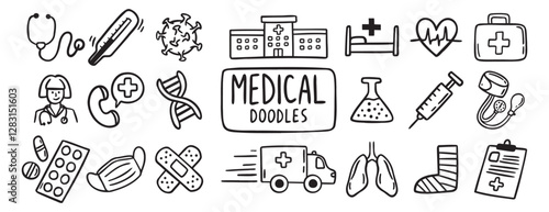 medical health care doodle hand drawn icon set. Outline drawing medical health care items line clipart symbol collection. Outline drawing line clipart symbol collection