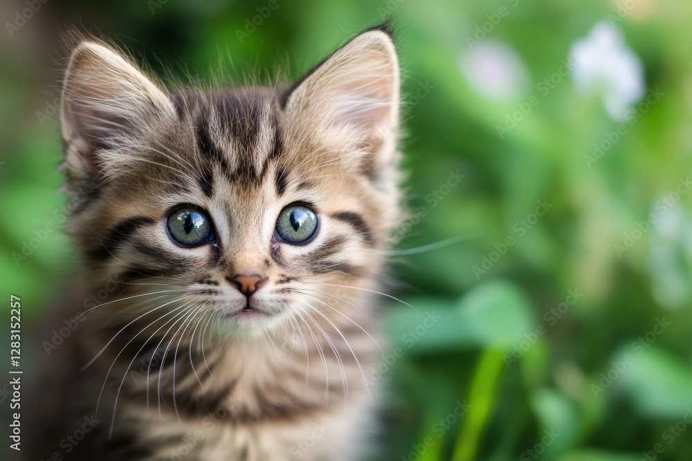 Curious tabby kitten with bright blue eyes sitting in a garden filled with green plants and flowers during daylight. Generative AI Curious tabby kitten with bright blue eyes sitting in a garden filled with green plants and flowers during daylight. Generative AI