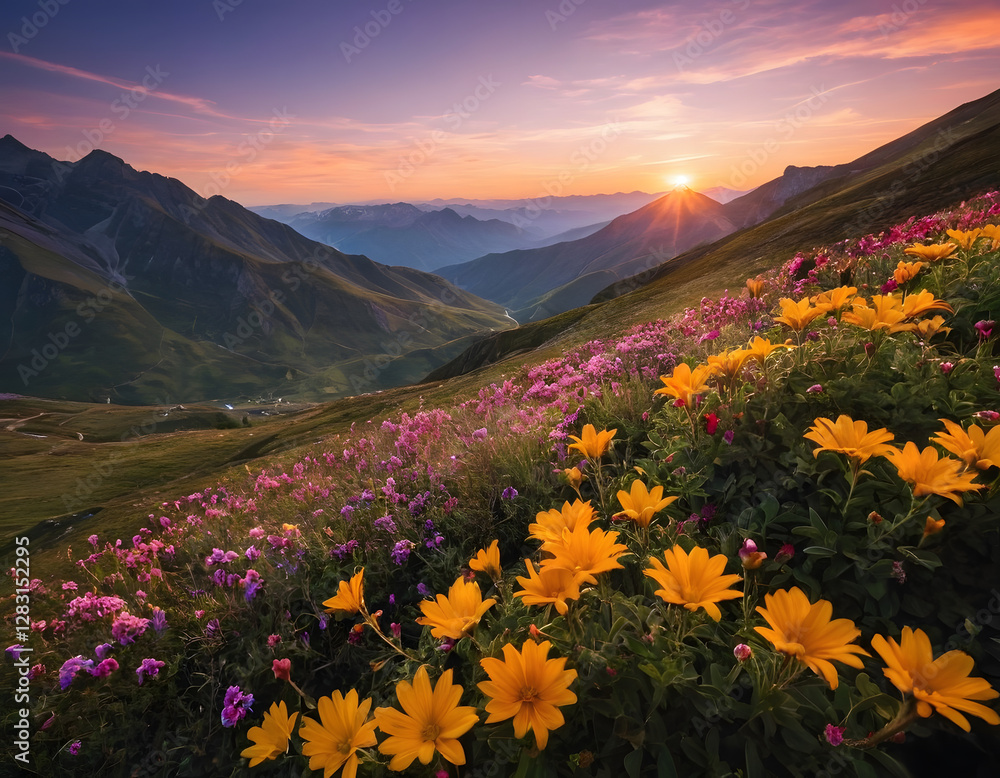 Obraz premium Mountain landscape with colorful flowers, with yellow flowers, sunrise in the mountains,