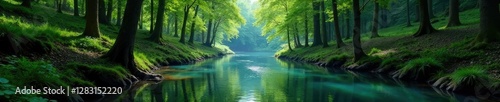 River flows gently through a tranquil forest clearing with tall trees on either side, calm, forest
