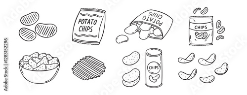 Potato chips doodle hand drawn icon set. Outline drawing crispy snack line clipart symbol