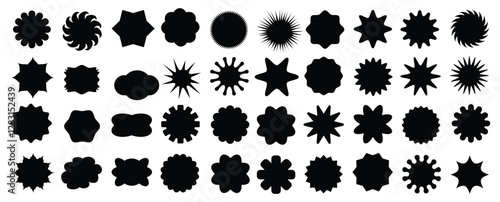 Circle sticker set. Wavy edge promo black badges. Star burst shape tags for price. Blank sale stickers. Simple silhouette. Flat vintage labels. Graphic illustration.