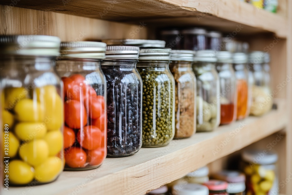 Colorful jars of preserved food arranged neatly on wooden shelves in a rustic kitchen setting. Generative AI Colorful jars of preserved food arranged neatly on wooden shelves in a rustic kitchen setting. Generative AI