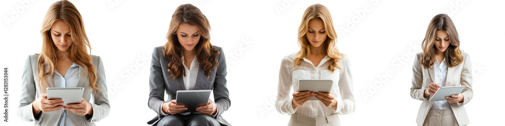 Collection of Young businesswoman working on a tablet isolated on white or transparent background Collection of Young businesswoman working on a tablet isolated on white or transparent background