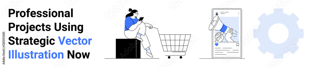 Woman browsing on her phone beside a shopping cart, smartphone screen with strategic tools, large gear. Ideal for e-commerce, technology, digital solutions, teamwork, workflow, UXUI flat landing Woman browsing on her phone beside a shopping cart, smartphone screen with strategic tools, large gear. Ideal for e-commerce, technology, digital solutions, teamwork, workflow, UXUI flat landing